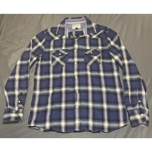 Flag & Anthem Long Sleeve Shirt Mens M Gray Blue Plaid Pearl Snap Western Cowboy